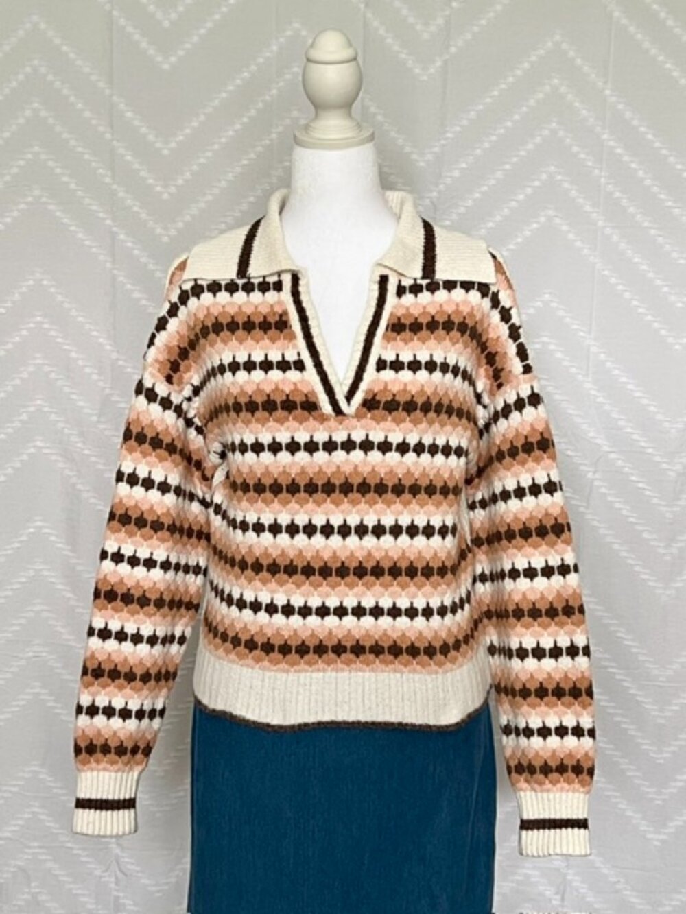 Freshman 1996 V-Neck Knit Collar Sweater Cropped Cream, Brown, Pink, Orange, XS
